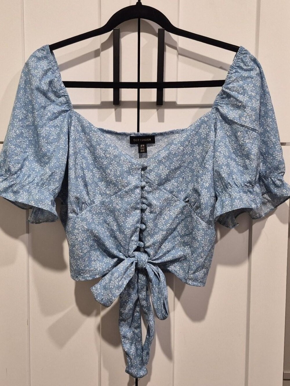 Blue and White Tie Front Fitted Blouse